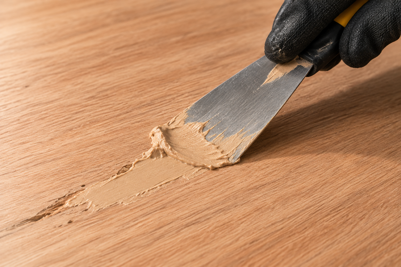 Applying PlyFinn wood surface finishing compound with a putty knife